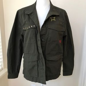 Divided Studs Embroidered Olive Field Coat/Jacket